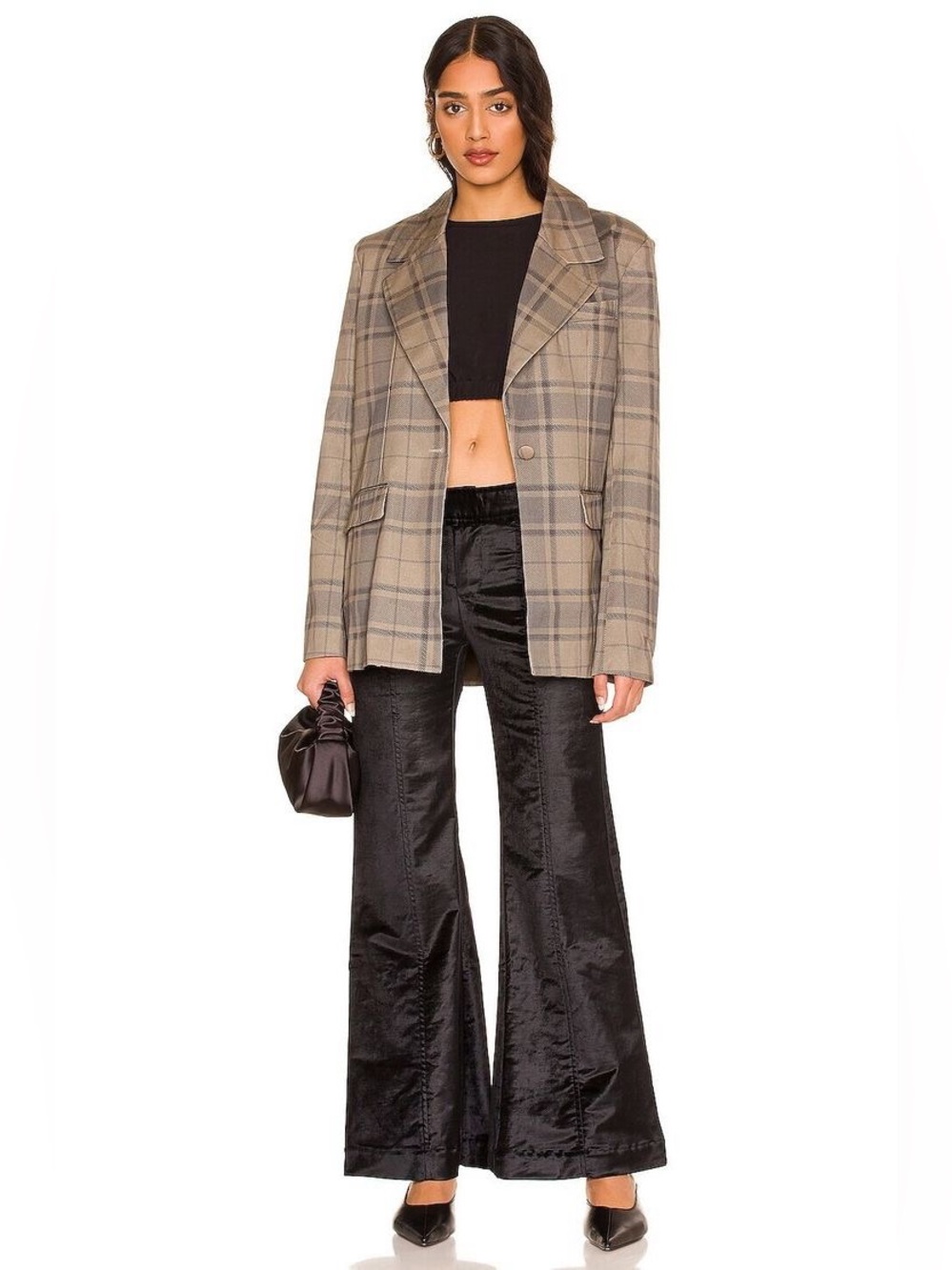 Free People Women Black Walk With You Stretch Velvet High Rise Flared Trousers 6